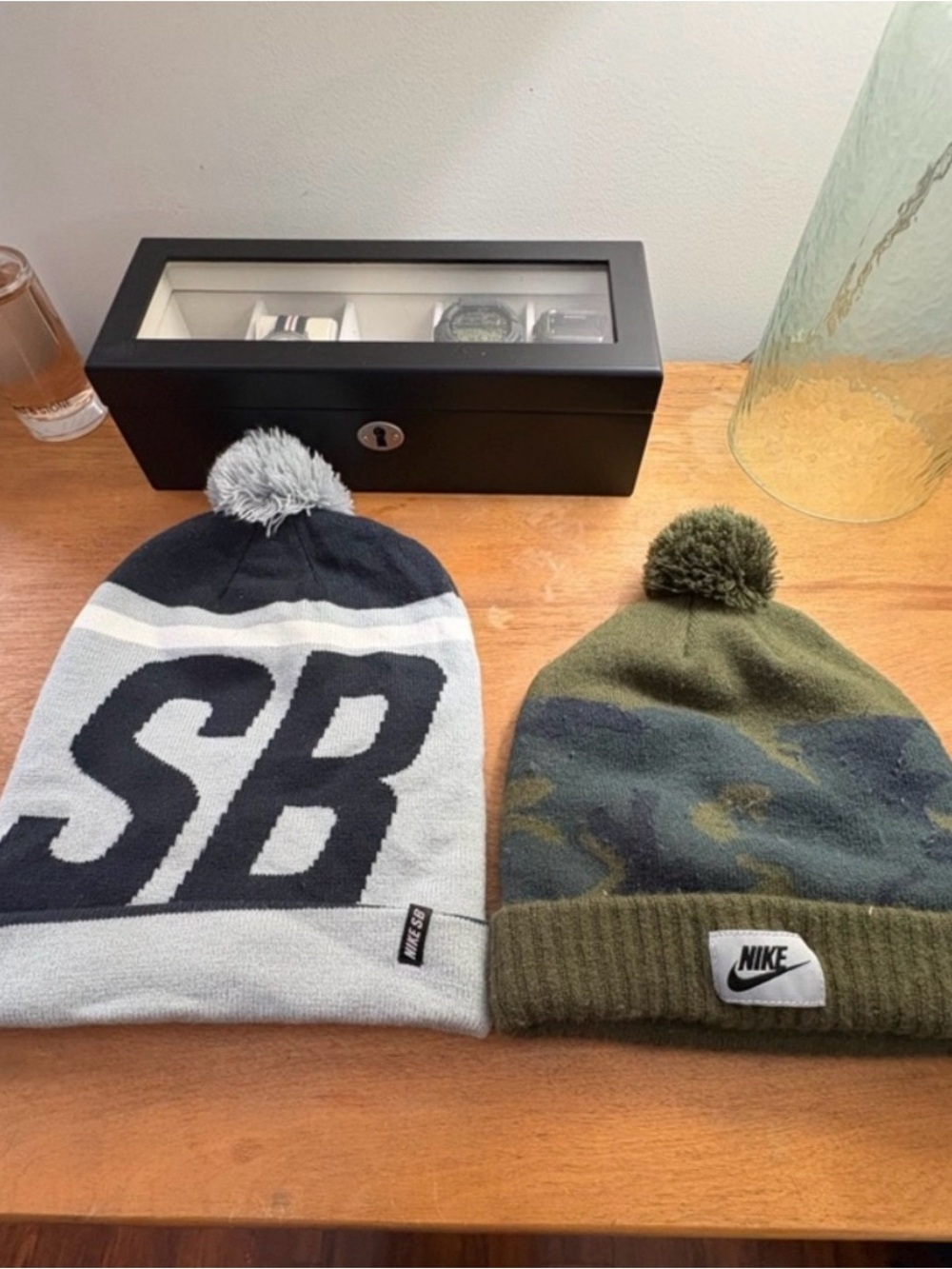 Nike Olive Camo Pom Beanie & Gray SB Knit Pom Hat - Two Pack